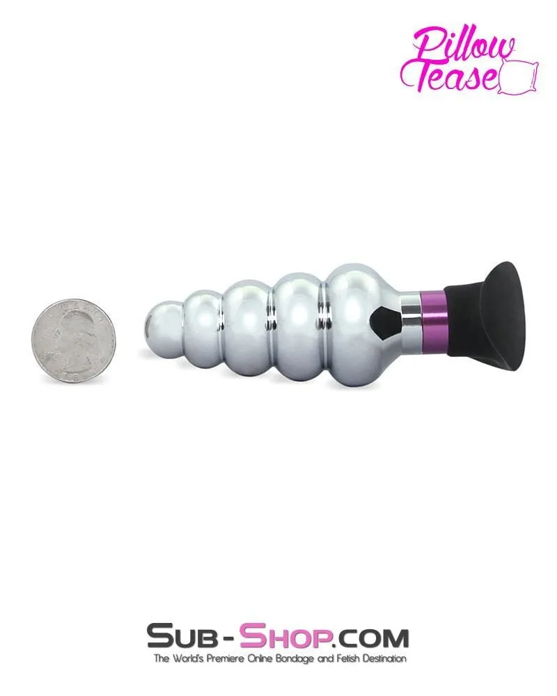 0381E-SIS      Sissy Trainer Ripple Purple and Polished Aluminum Butt Plug with Silicone Base