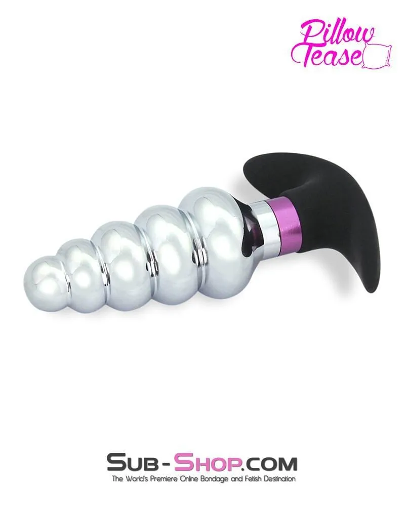 0381E-SIS      Sissy Trainer Ripple Purple and Polished Aluminum Butt Plug with Silicone Base