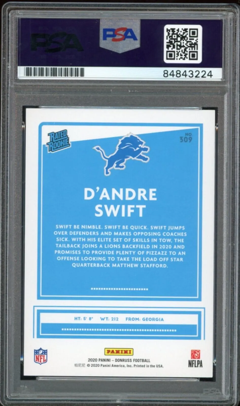 2020 Donruss Rated Rookie #309 D'Andre Swift On Card PSA/DNA Auto GEM MINT 10