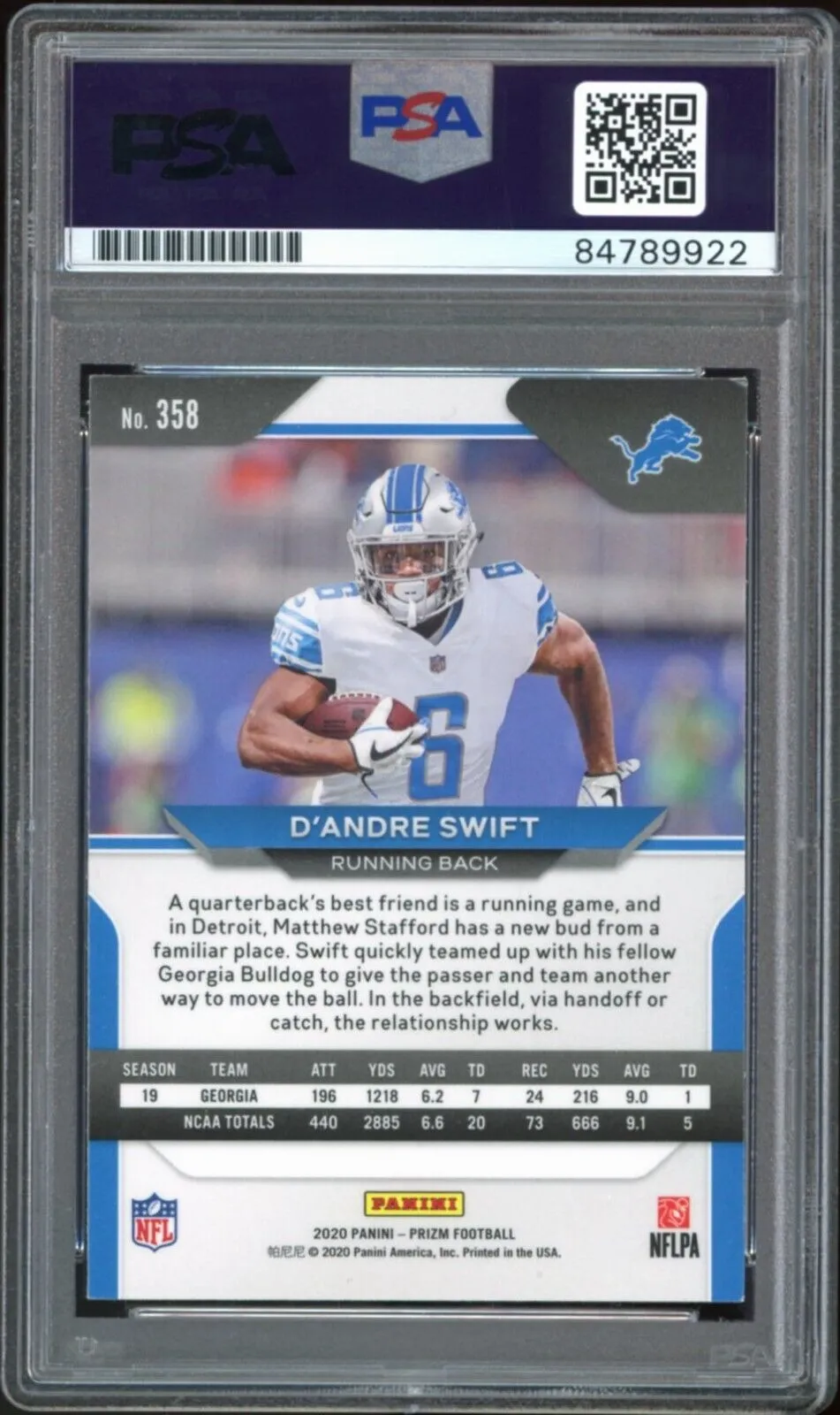 2020 Panini Prizm #358 D'Andre Swift RC Rookie On Card PSA/DNA Auto GEM MINT 10
