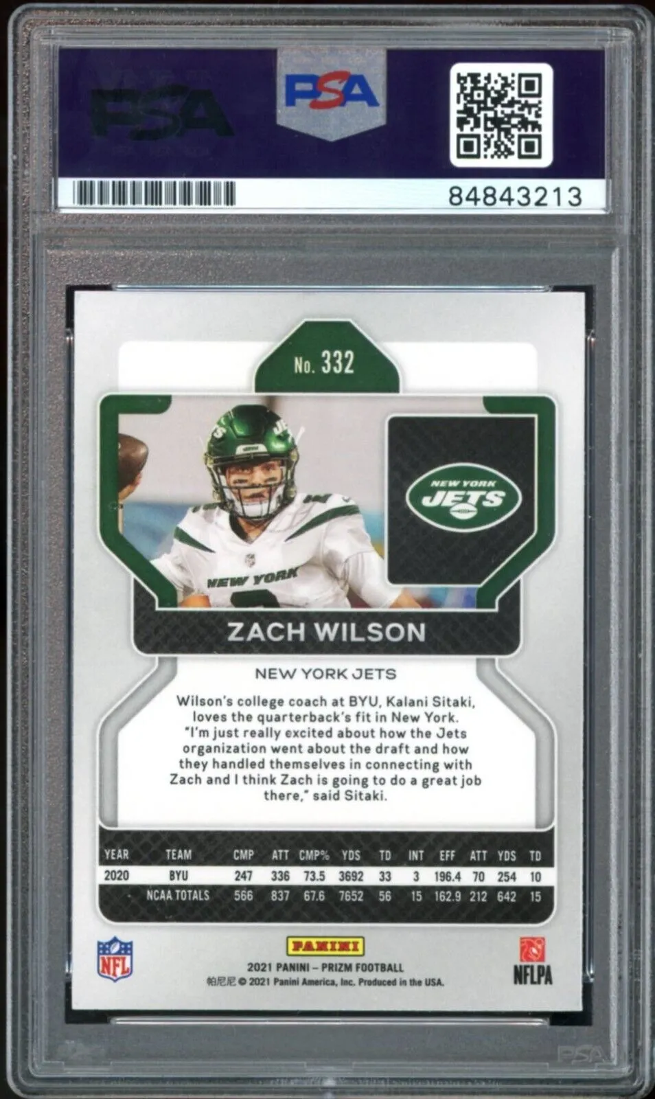 2021 Panini Prizm #332 Zach Wilson RC On Card Green Ink PSA/DNA Auto GEM MINT 10