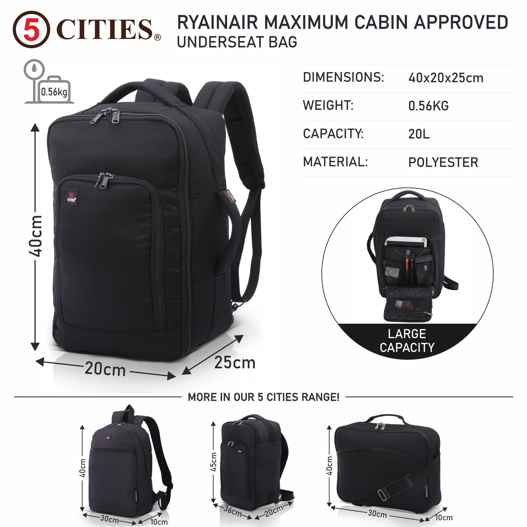 5 Cities Ryanair Max (40x20x25cm) New and Improved 2024 Backpack Rucksack Flight Bag with YKK Zippers, 40x25x20, Black