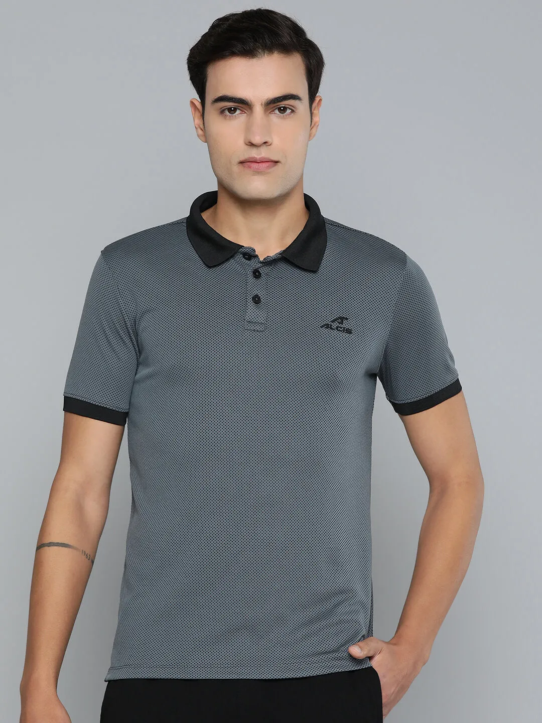 Alcis Men Grey Black Colourblocked Polo Collar Dry Tech Slim Fit Sports T-shirt