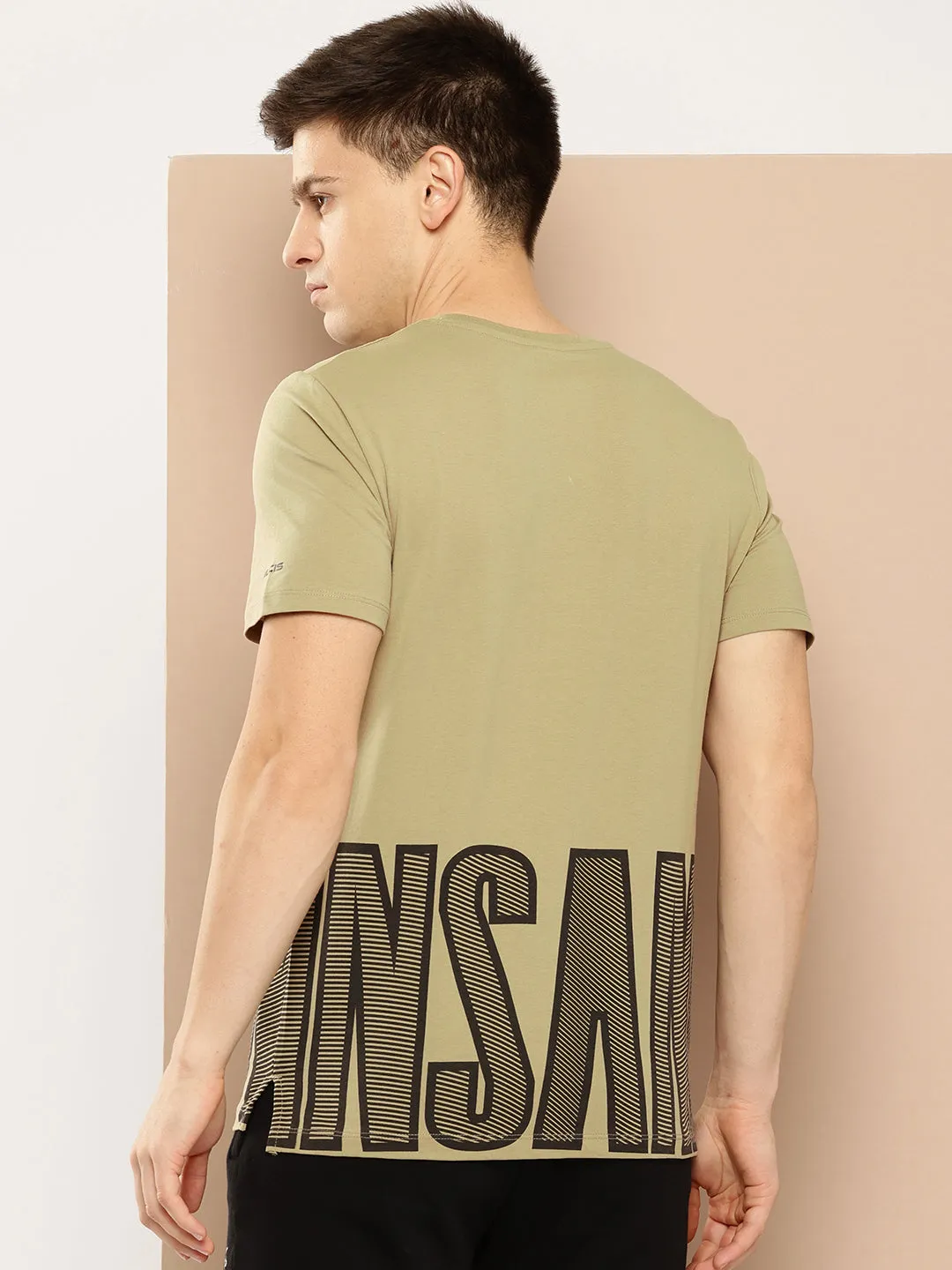 Alcis Men Khaki Typography Printed Dry Tech Slim Fit Sports T-shirt
