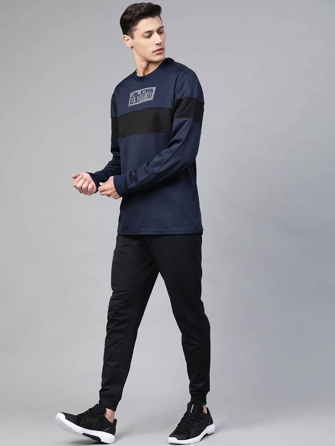 Alcis Men Navy Blue Black Colourblocked Running Sweatshirt
