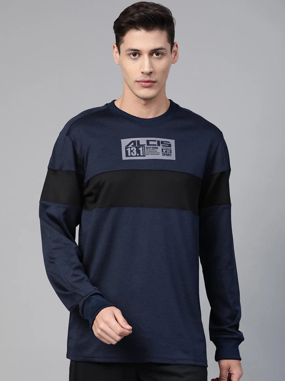 Alcis Men Navy Blue Black Colourblocked Running Sweatshirt