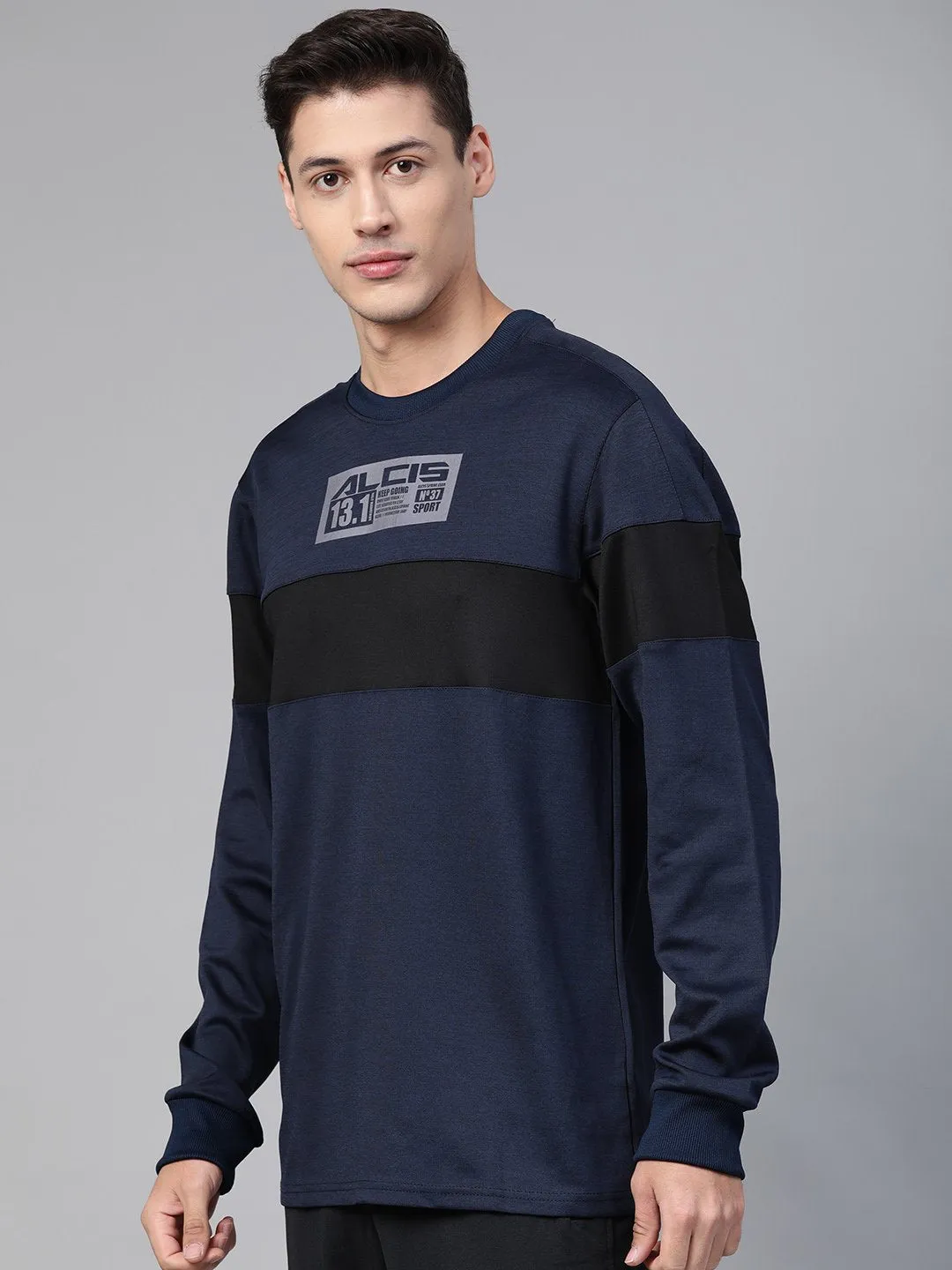 Alcis Men Navy Blue Black Colourblocked Running Sweatshirt