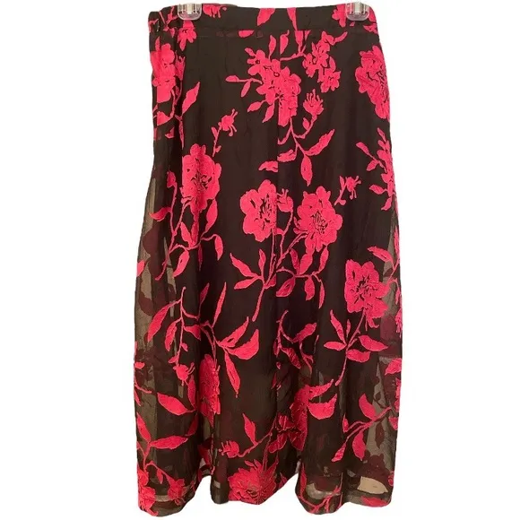 Alfani Floral Pattern Print Skirt Floral Burnout Art Blossom Size 8 Black &amp; Pink