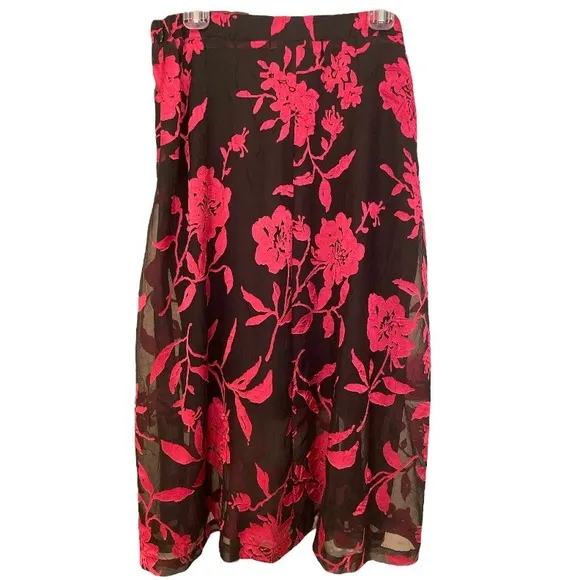 Alfani Floral Pattern Print Skirt Floral Burnout Art Blossom Size 8 Black &amp; Pink