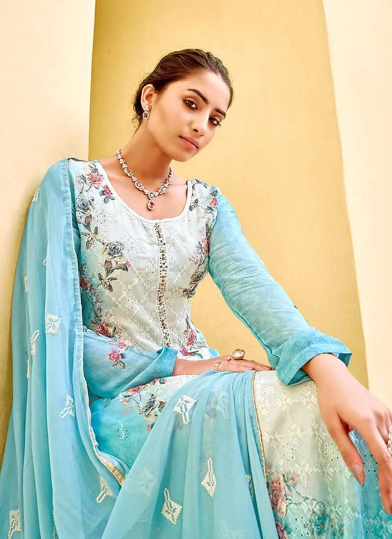 Aqua Floral Print Embroidered Straight Pant Suit