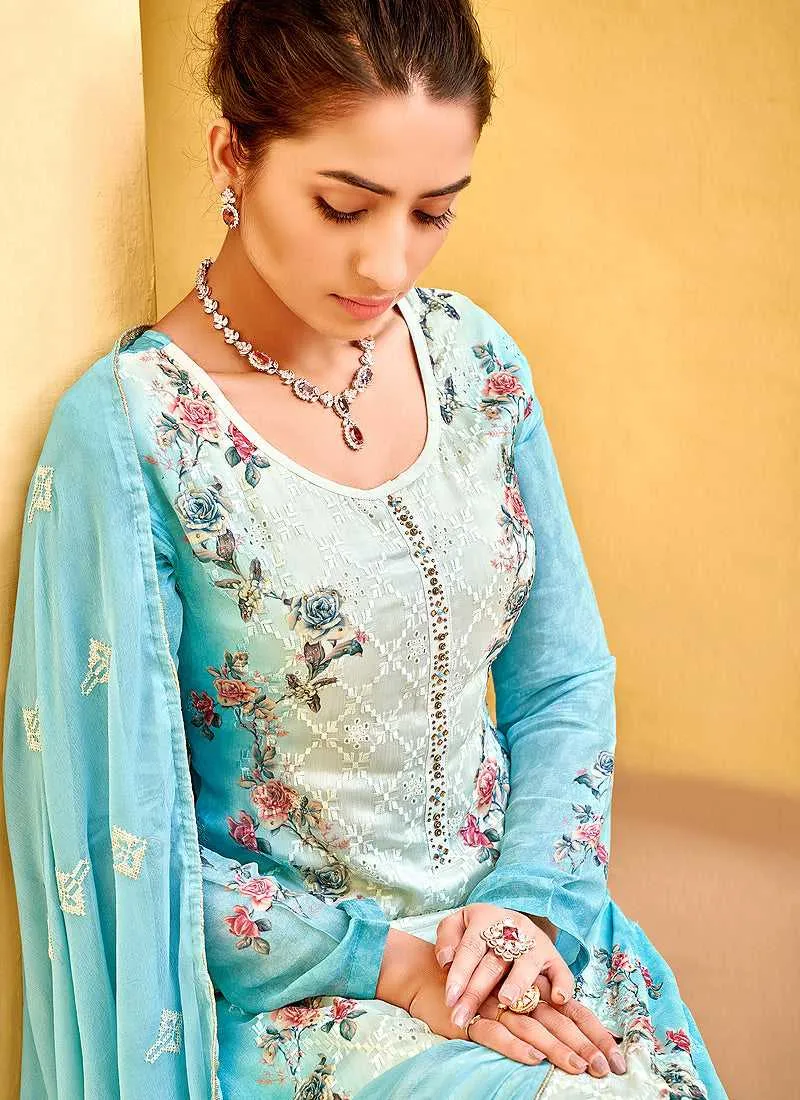 Aqua Floral Print Embroidered Straight Pant Suit