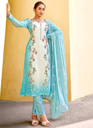 Aqua Floral Print Embroidered Straight Pant Suit