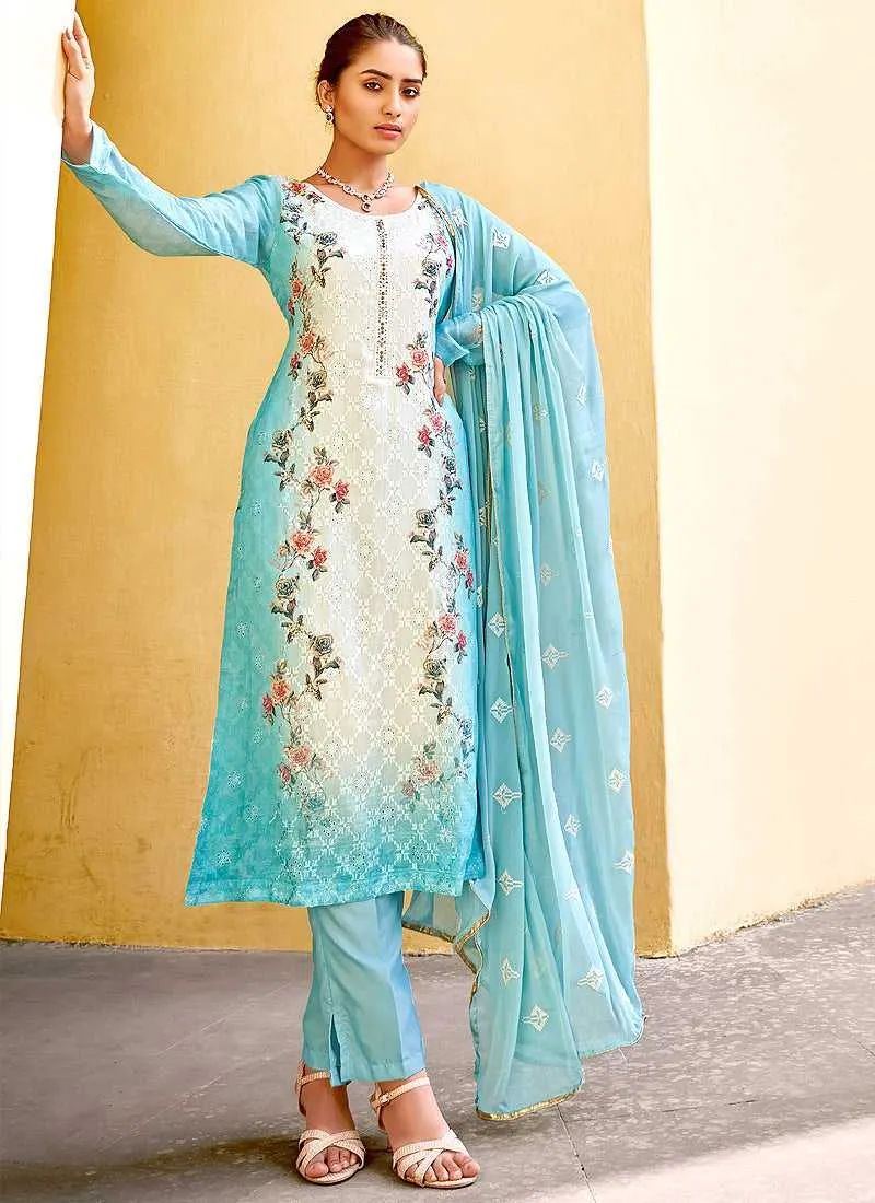 Aqua Floral Print Embroidered Straight Pant Suit