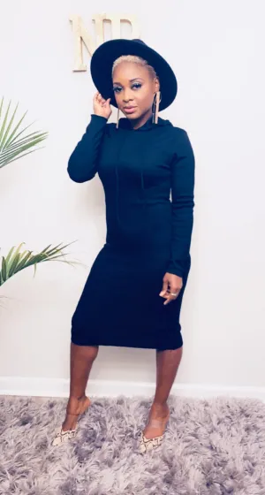 Around the Way Girl- Basic Hoodie Dress-Black