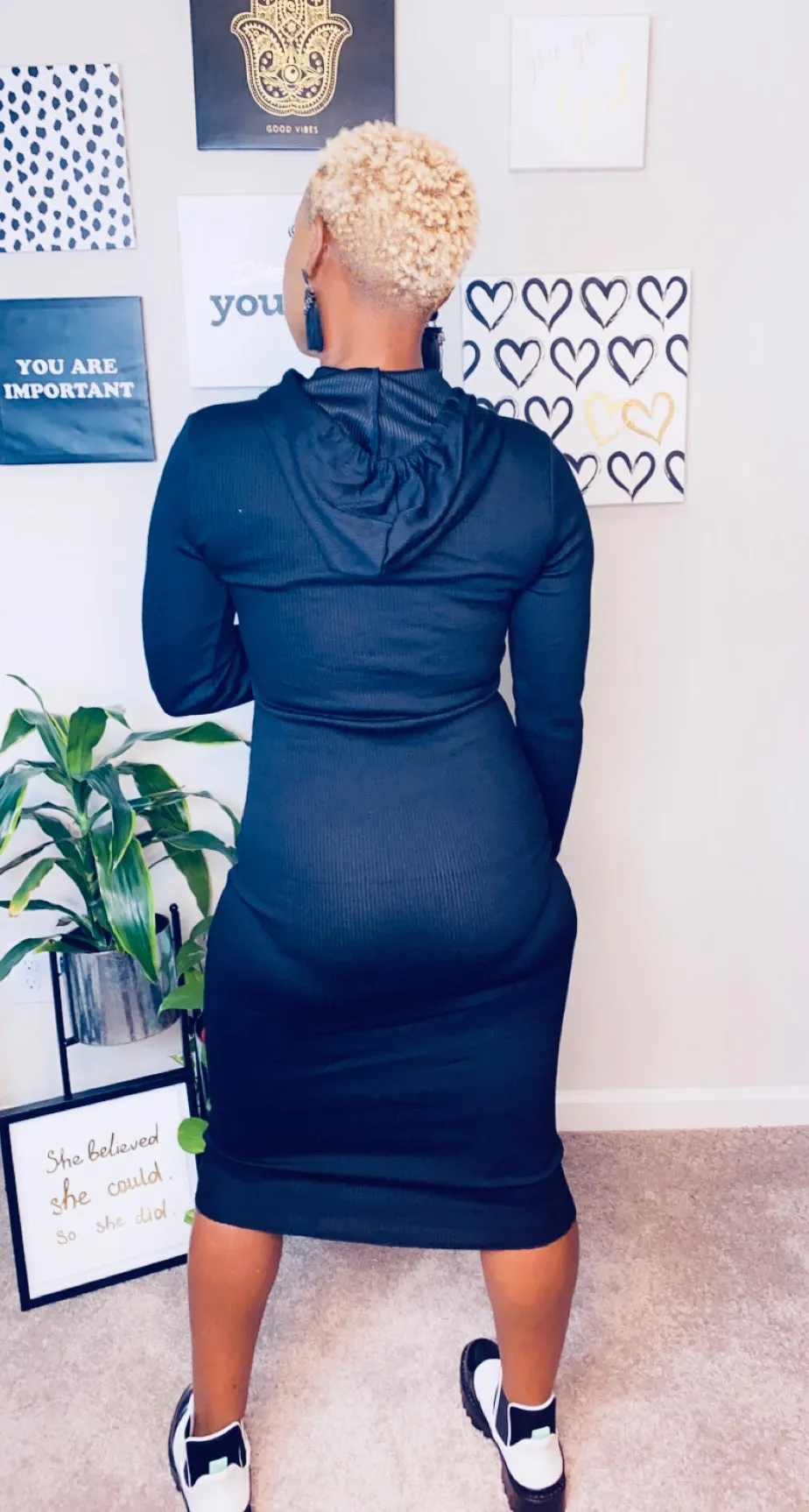 Around the Way Girl- Basic Hoodie Dress-Black