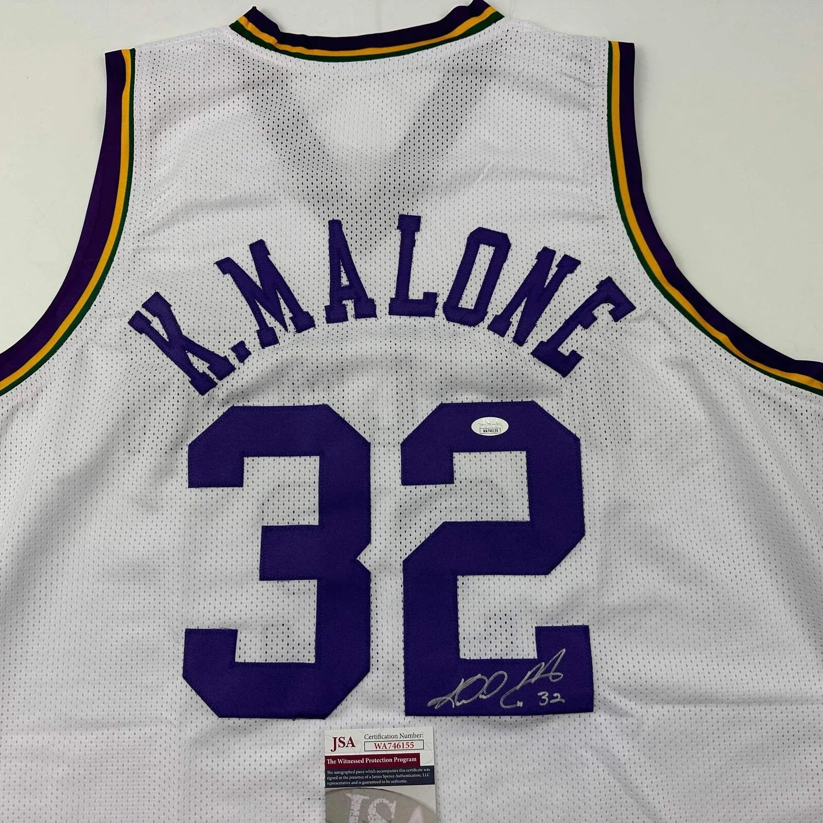 Autographed/Signed Karl Malone Utah White Retro Basketball Jersey JSA COA