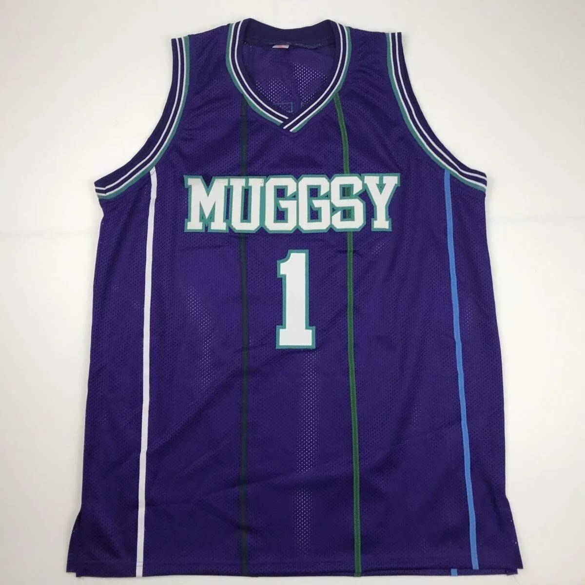 Autographed/Signed MUGGSY BOGUES Charlotte Purple Basketball Jersey PSA/DNA COA
