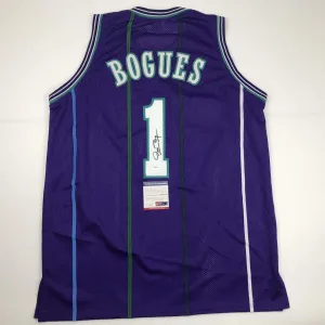 Autographed/Signed MUGGSY BOGUES Charlotte Purple Basketball Jersey PSA/DNA COA