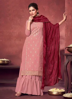 Baby Pink and Maroon Embroidered Sharara Style Suit