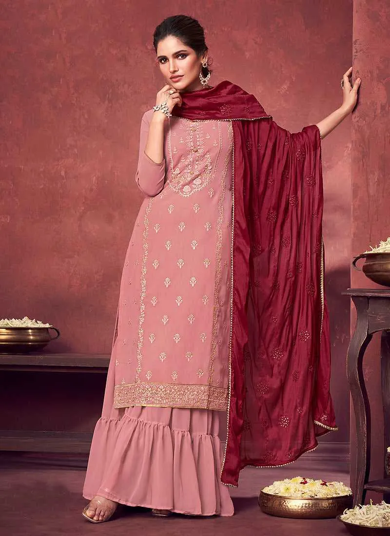 Baby Pink and Maroon Embroidered Sharara Style Suit