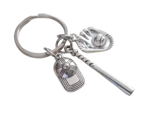 Baseball Bat, Mitt, and Baseball Cap Charm Keychain, Softball or Baseball Team Player Keychain