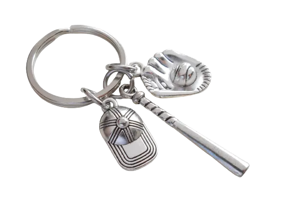 Baseball Bat, Mitt, and Baseball Cap Charm Keychain, Softball or Baseball Team Player Keychain