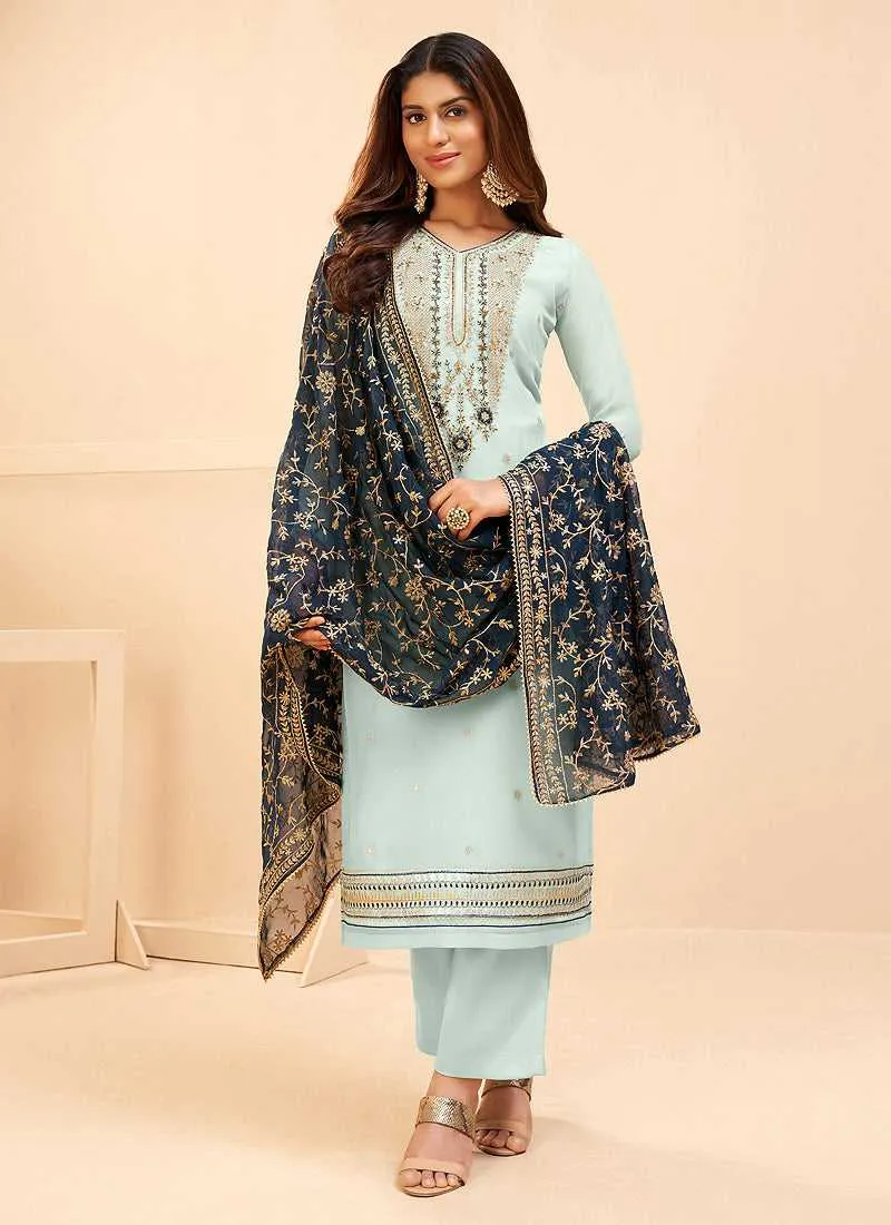 Blue and Gold Embroidered Pant Style Suit