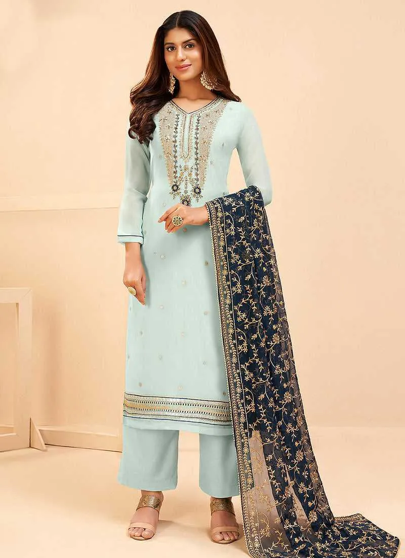 Blue and Gold Embroidered Pant Style Suit