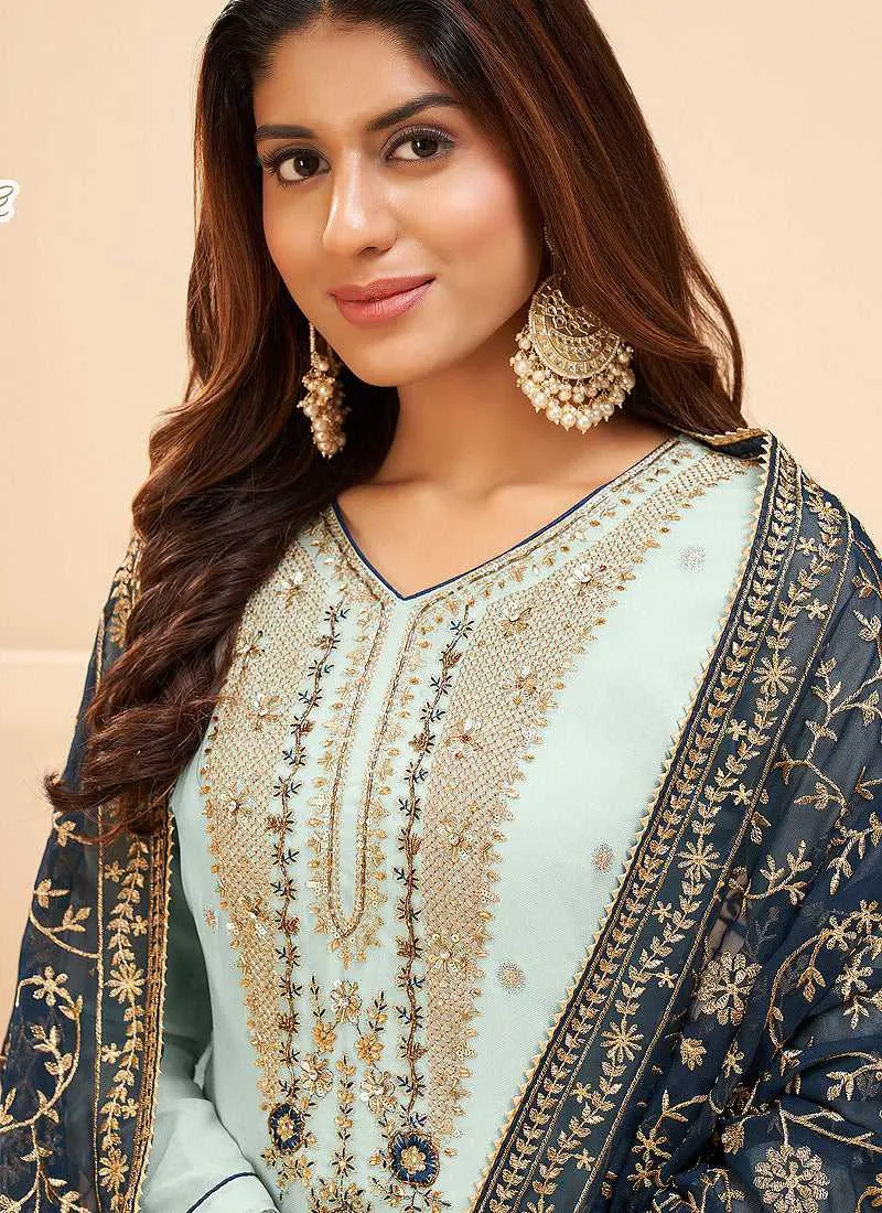 Blue and Gold Embroidered Pant Style Suit