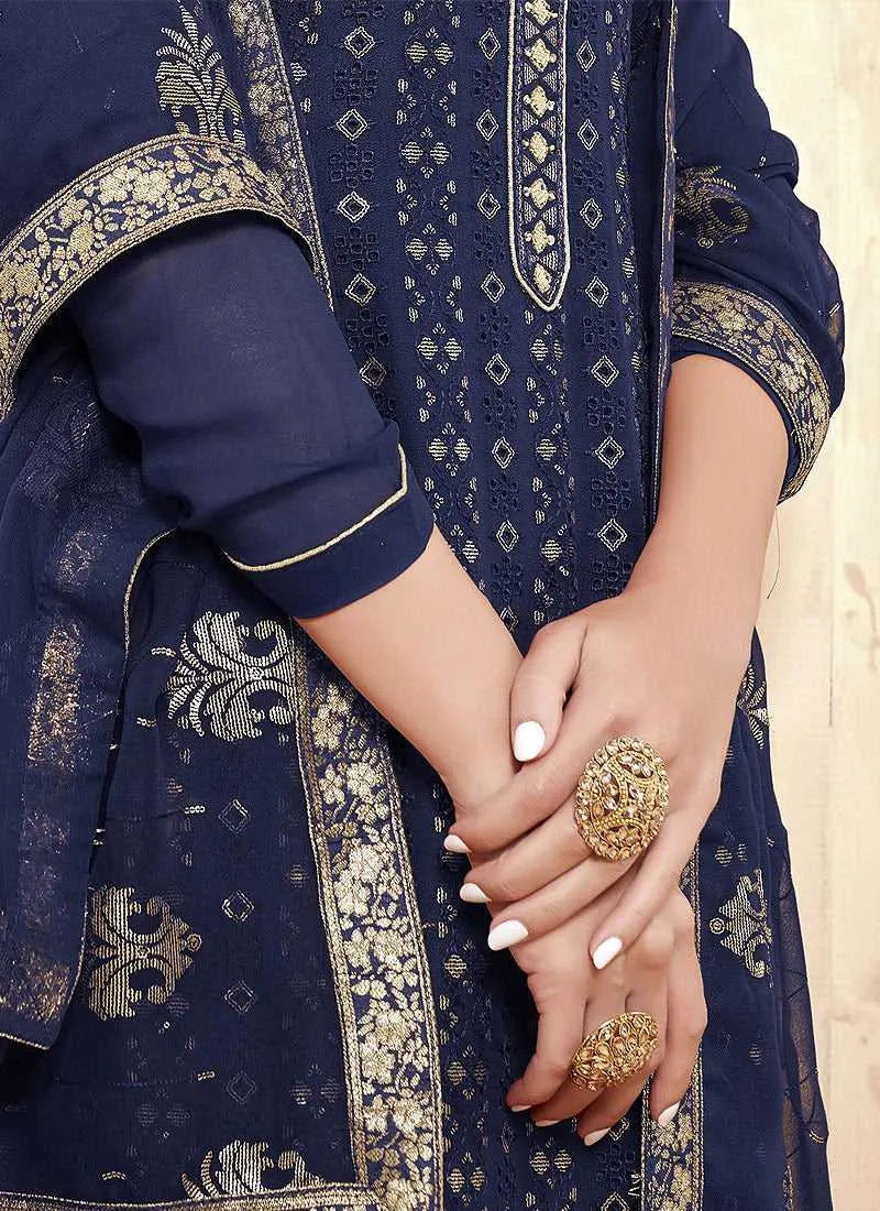 Blue Straight Cut Embroidered Pant Style Suit