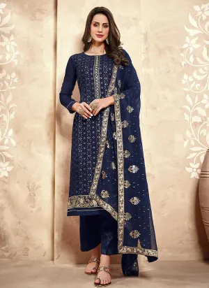Blue Straight Cut Embroidered Pant Style Suit