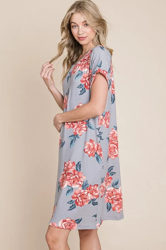 BOMBOM Floral Round Neck Short Tee Dress with Pockets