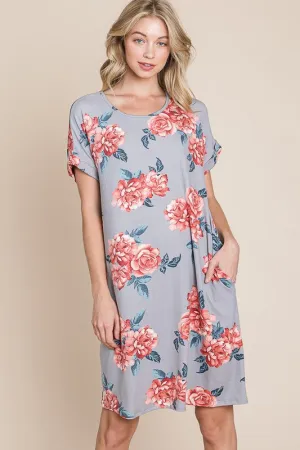 BOMBOM Floral Round Neck Short Tee Dress with Pockets