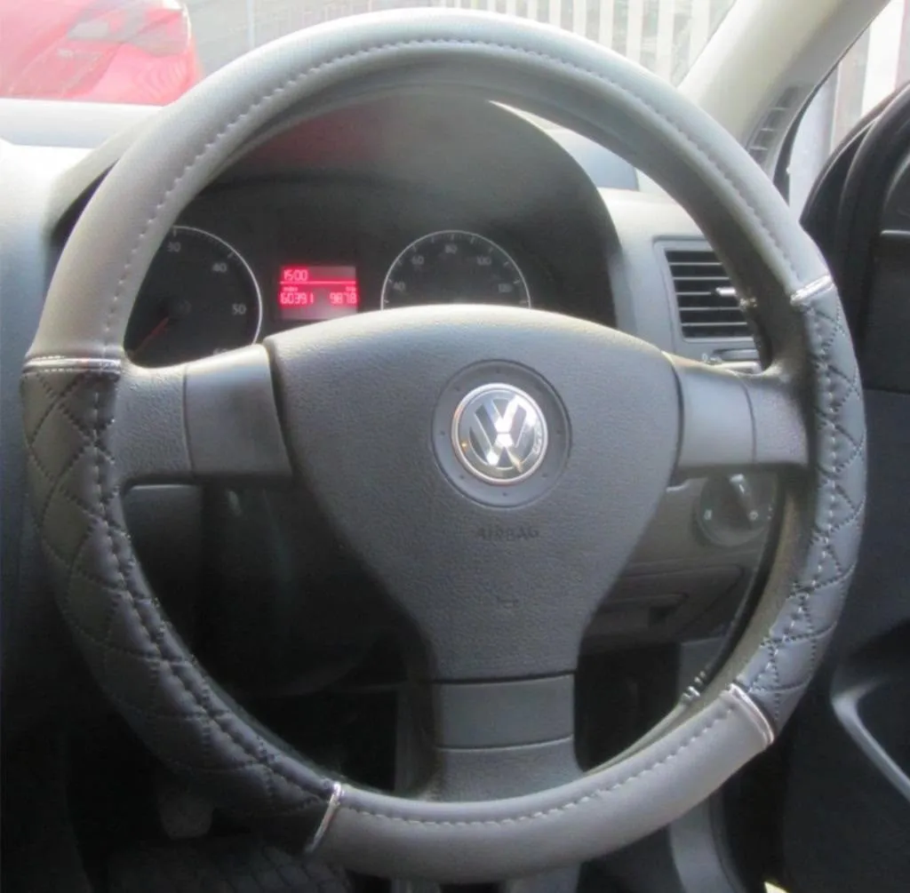 Brookstone Luxury Grey Black Leather Look Car Steering Wheel Cover Glove