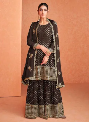 Brown and Gold Embroidered Sharara Style Suit