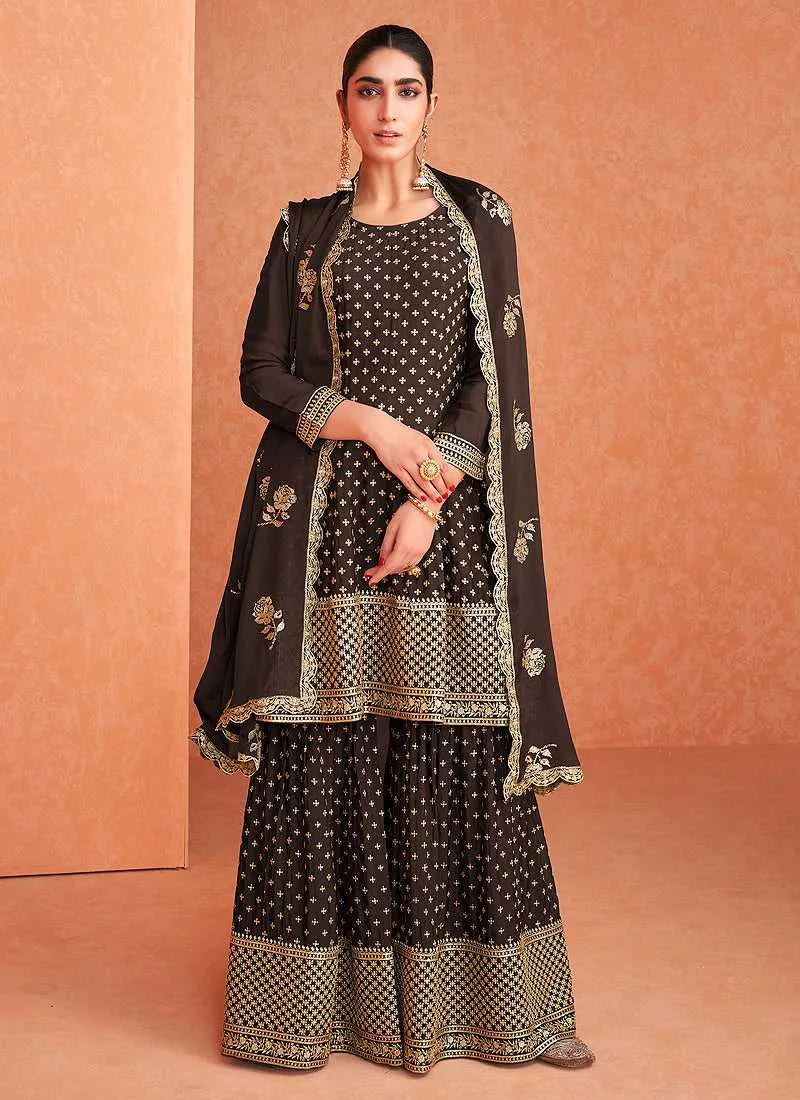 Brown and Gold Embroidered Sharara Style Suit