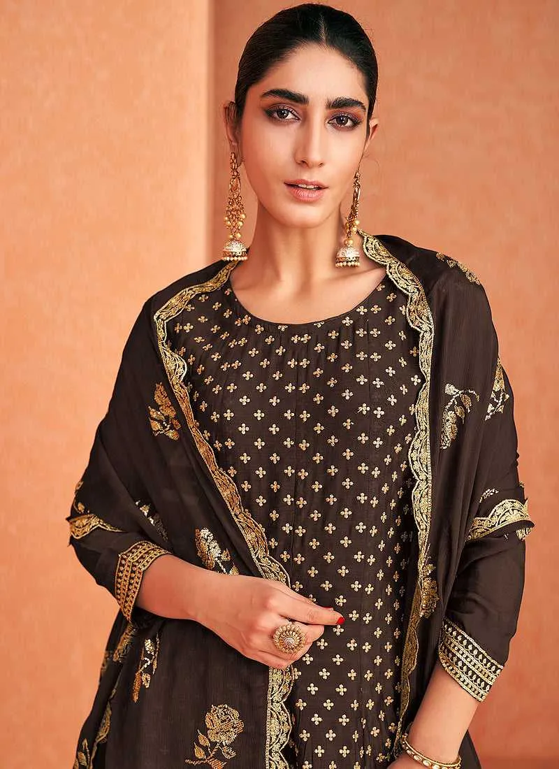 Brown and Gold Embroidered Sharara Style Suit