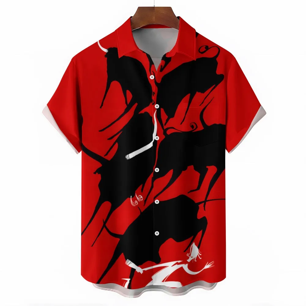 Bullfighting Theme Running Of The Bulls Festival Casual Short Sleeve Shirt 2403000789