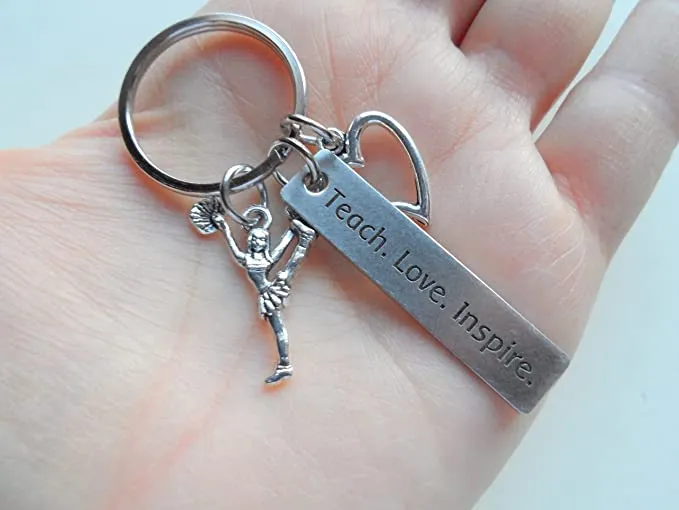 Cheer Coach Keychain, Cheerleader Charm, Heart Charm & Engraved Tag "Teach. Love. Inspire."