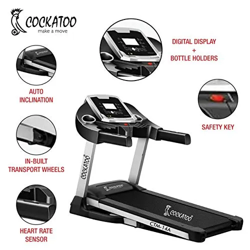 Cockatoo CTM14A 2.5HP (5HP Peak) DC Motorized Treadmill for Home with Auto Incline, Max Speed 16Km/Hr, Max User Weight 110 Kg(Free Installation Assistance)
