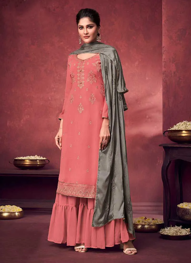 Coral Pink and Grey Embroidered Sharara Style Suit