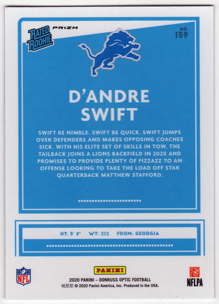 D'Andre Swift Signed Lions 2020 Donruss Optic Prizm Rated RC #159 (SCHWARTZ COA)