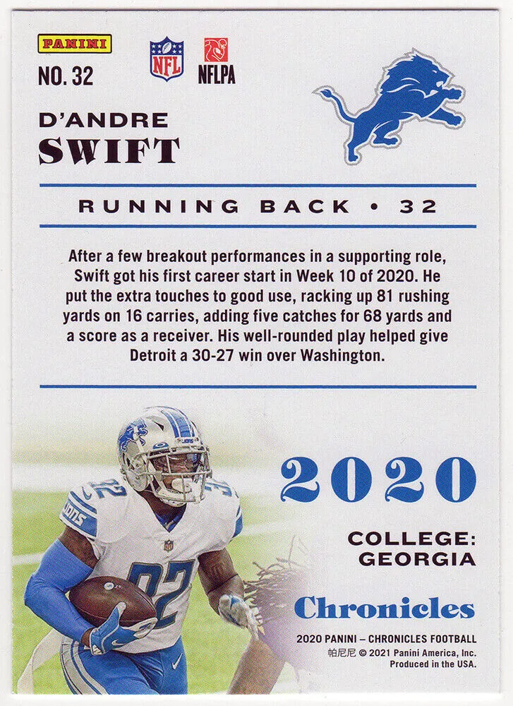 D'Andre Swift Signed Lions 2020 Panini Chronicles Rookie Card #32 (SCHWARTZ COA)