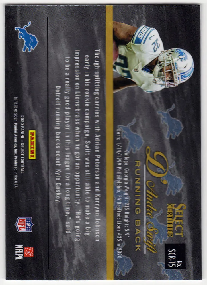 D'Andre Swift Signed Lions 2020 Panini Select Certified RC SCR-15 (SCHWARTZ COA)