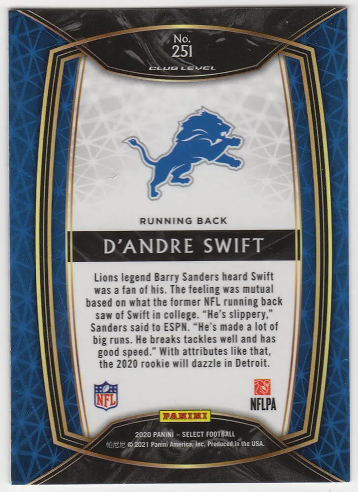 D'Andre Swift Signed Lions 2020 Panini Select Rookie Card #251 - (SCHWARTZ COA)