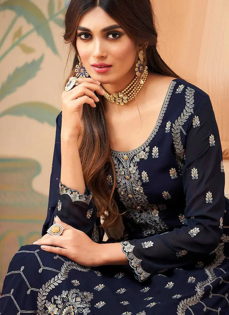 Dark Blue Embroidered Straight Pant Style Suit