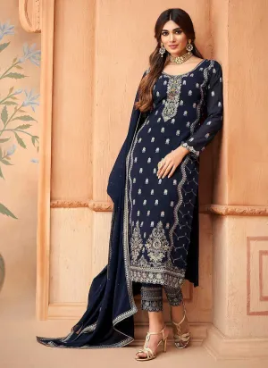 Dark Blue Embroidered Straight Pant Style Suit
