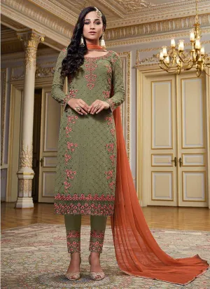 Dark Green Embroidered Straight Pant Style Suit