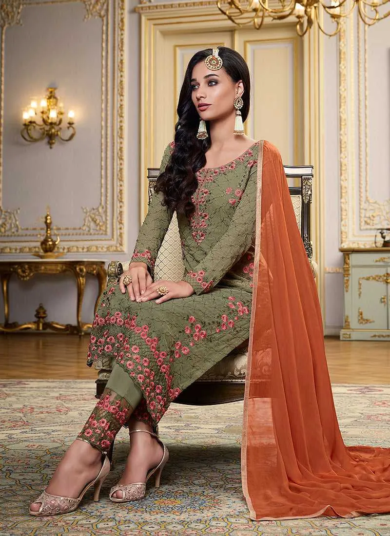 Dark Green Embroidered Straight Pant Style Suit