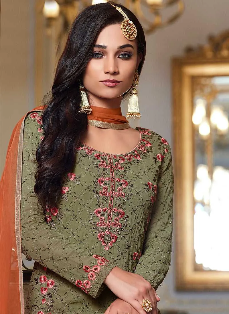 Dark Green Embroidered Straight Pant Style Suit